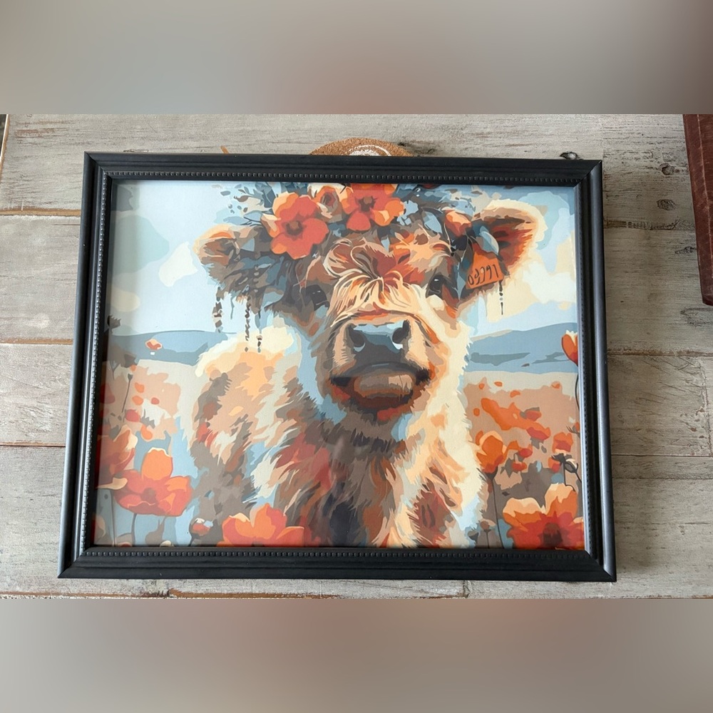 Highland Cow with Flower Crown Framed Print 8x10 - Farmhouse Spring Summer Art
